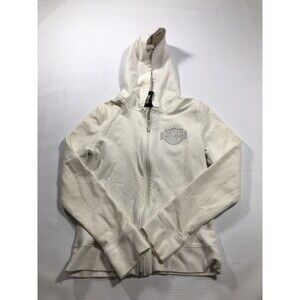 Harley Davidson Cotton Women's XS White Zip-up Hooded Jacket -Silver Logos